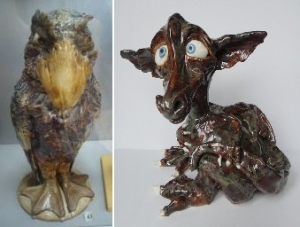 Martin Brothers amusing bird, reproduced by permission of Plymouth City Council Museums and Archives, and a typical craft fair dragon figure